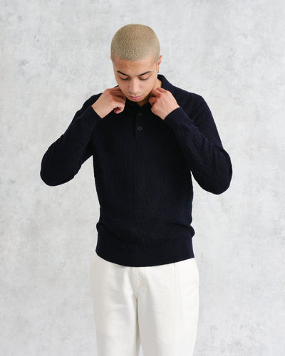 Wax London - Oban Knitted Long Sleeve Polo Shirt - Navy Pullover Wax London