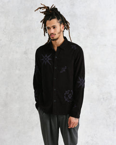 Wax London - Trin Geometrical Embroidered Corduroy Shirt - Black Hemden Wax London