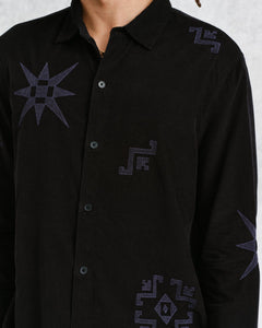 Wax London - Trin Geometrical Embroidered Corduroy Shirt - Black Hemden Wax London