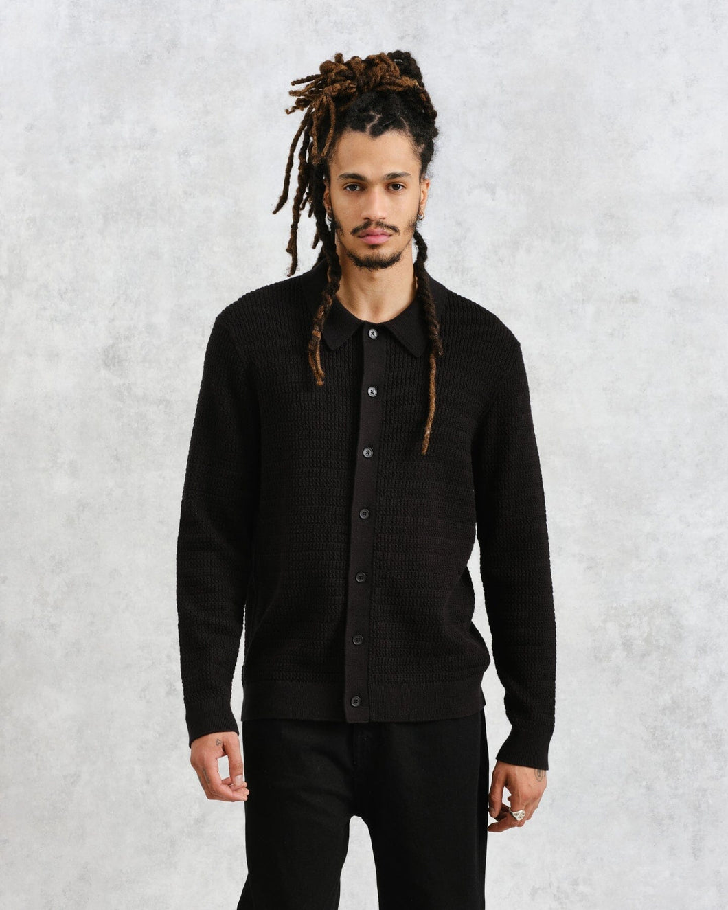 Wax London - Tristan Cable Stitch Knitted Shirt - Black Hemden Wax London